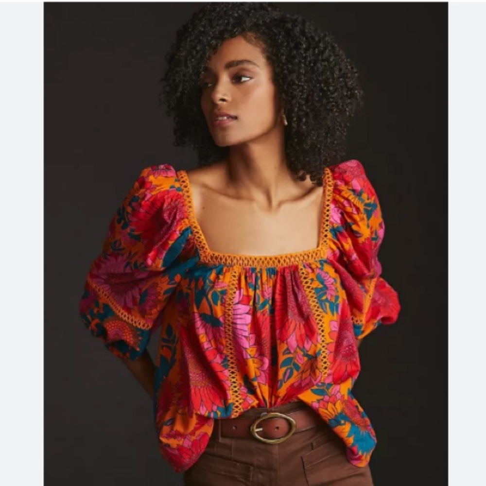 Anthropologie Floral Puff-Sleeve Square-Neck Blouse in Red, Orange, Pink